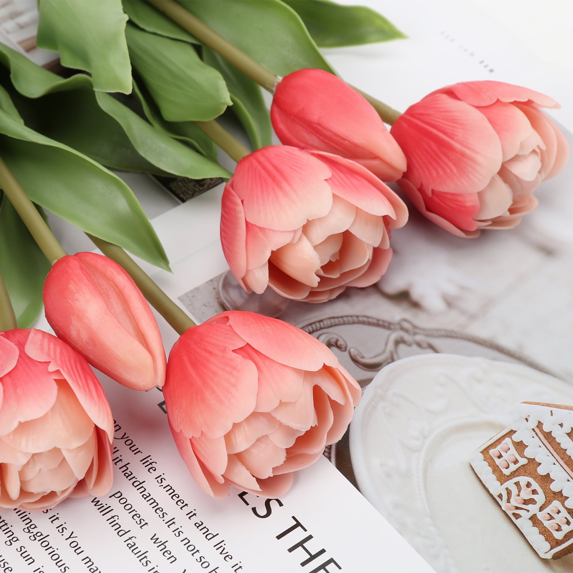 6 Pcs Tulips Artificial Flowers Real Touch Fake Latex Tulips Flowers for Mother's Day 14" Faux Flowers for Vase Centerpieces Home Wedding Bouquet,Coral Red