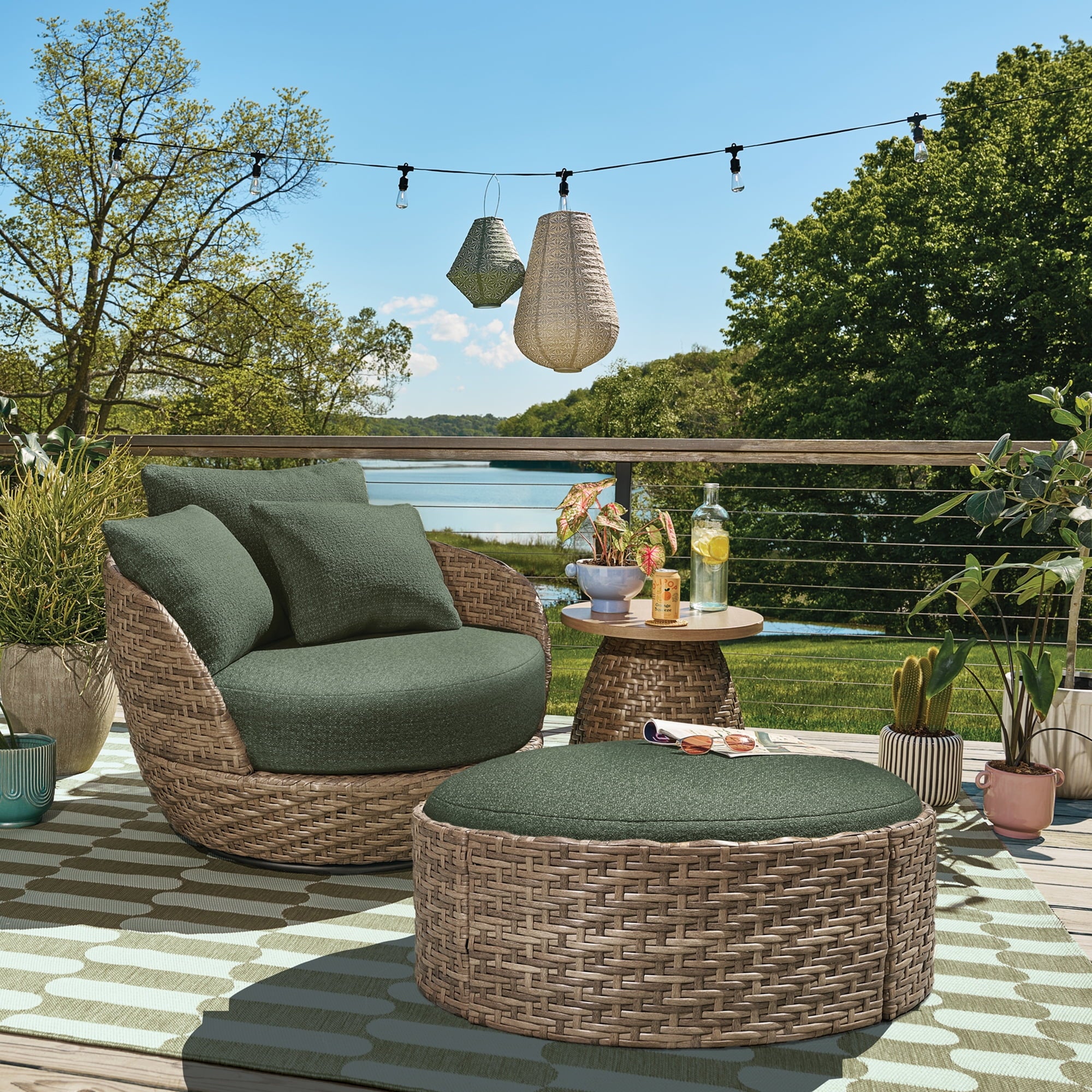 Beautiful Wicker Outdoor Side Table with Faux Wood Top by Drew Barrymore, Brown