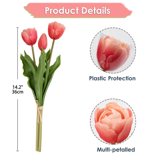 6 Pcs Tulips Artificial Flowers Real Touch Fake Latex Tulips Flowers for Mother's Day 14" Faux Flowers for Vase Centerpieces Home Wedding Bouquet,Coral Red