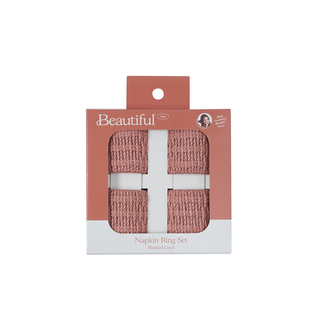 Beautiful Dining Braided Napkin Ring Set 100% Rayon with a Plastic Inner, Coral, 4 Pack