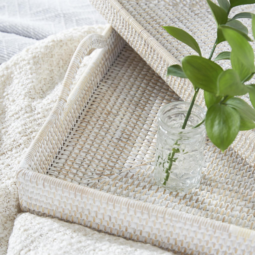 DecMode 26", 23"W Cream Rattan Large Rectangular Woven Tray, 2-Pieces