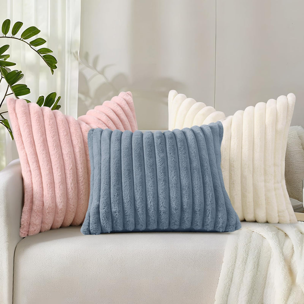 decorUhome Pack of 2 Faux Fur Plush Throw Pillow Covers 18x18, Soft Fluffy Striped Decorative Couch Pillow Covers , Cream White