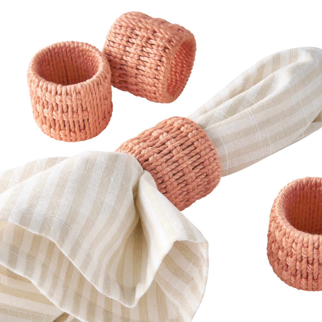 Beautiful Dining Braided Napkin Ring Set 100% Rayon with a Plastic Inner, Coral, 4 Pack