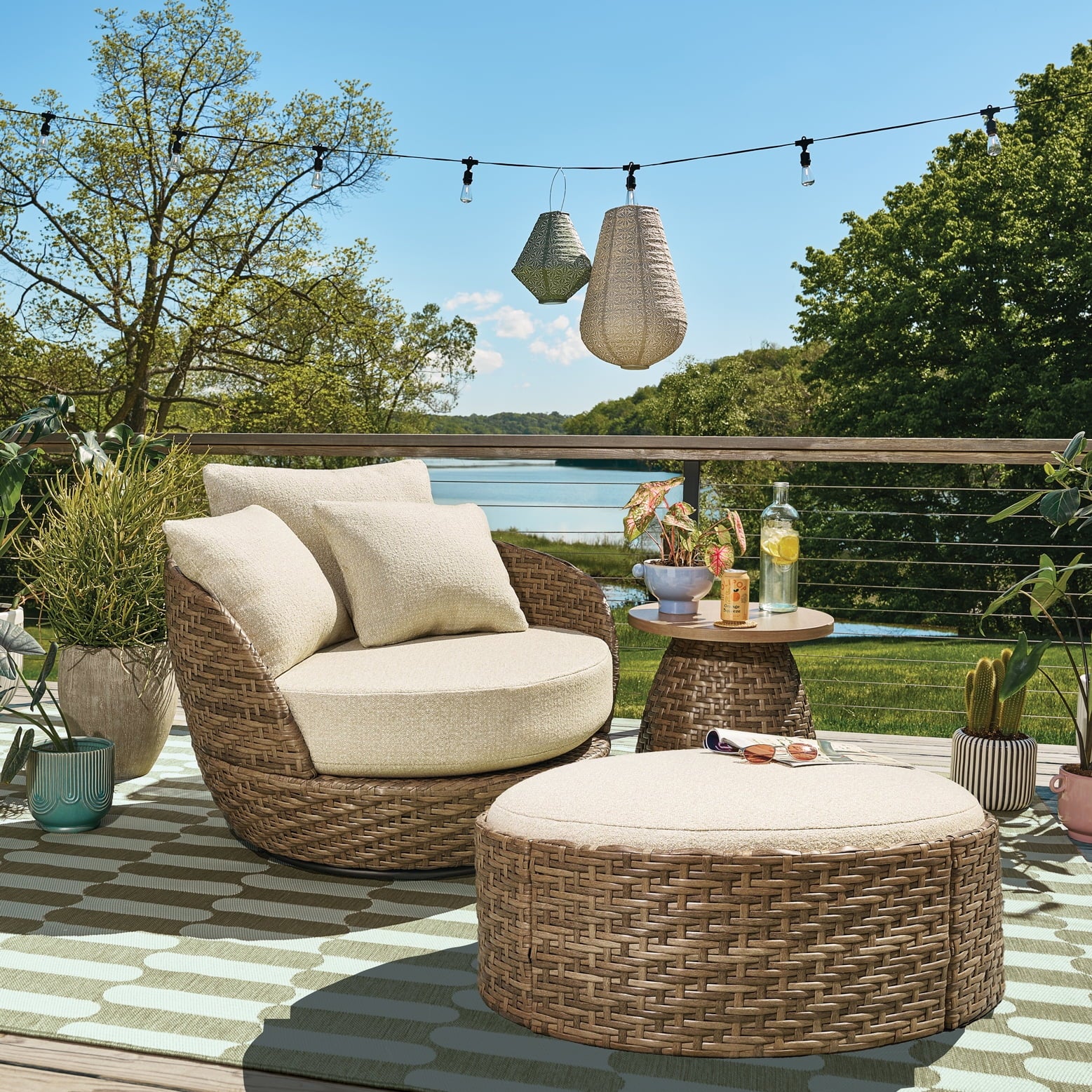 Beautiful Wicker Outdoor Side Table with Faux Wood Top by Drew Barrymore, Brown