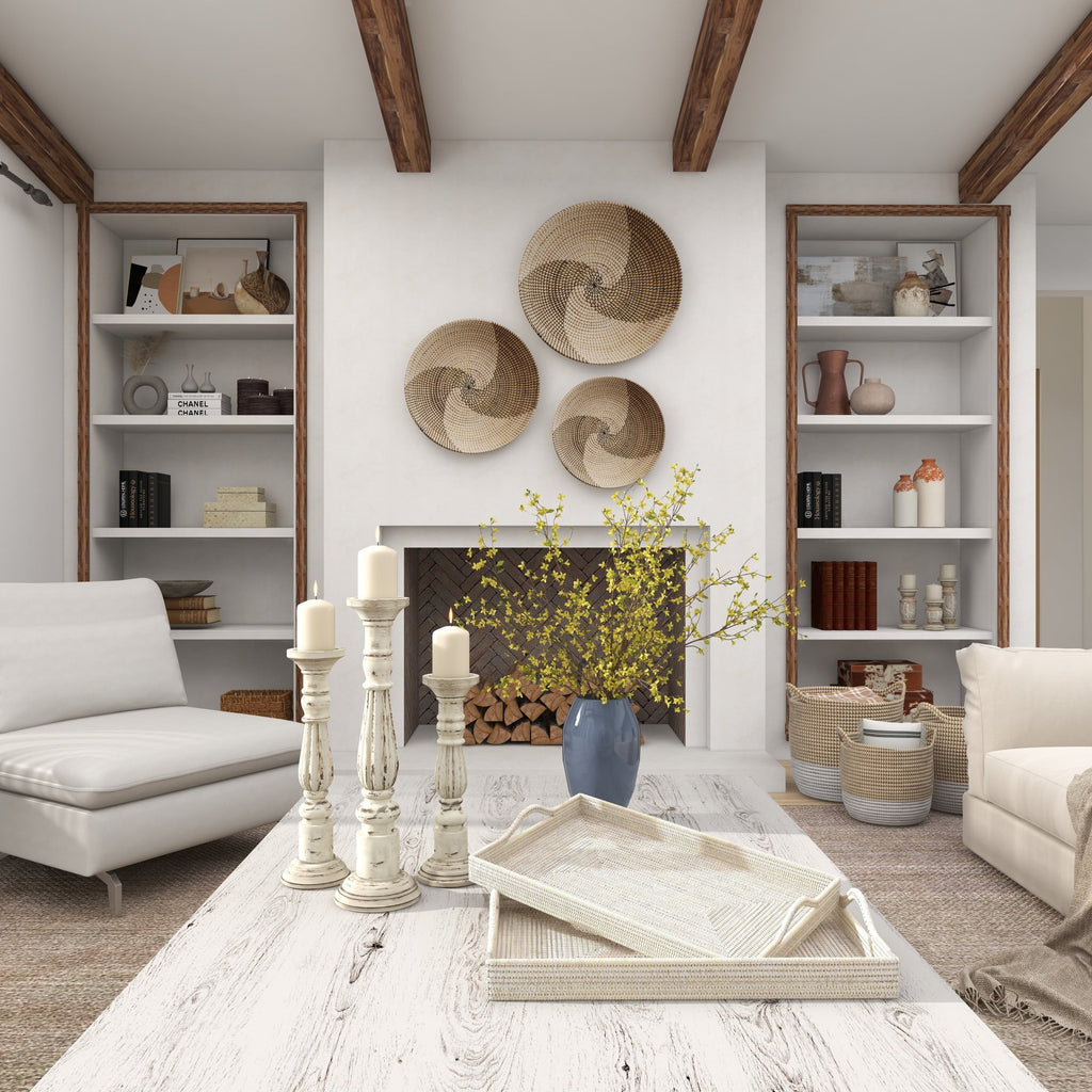 DecMode 26", 23"W Cream Rattan Large Rectangular Woven Tray, 2-Pieces