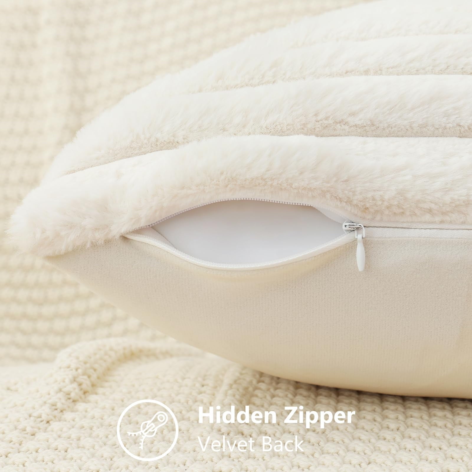 decorUhome Pack of 2 Faux Fur Plush Throw Pillow Covers 18x18, Soft Fluffy Striped Decorative Couch Pillow Covers , Cream White