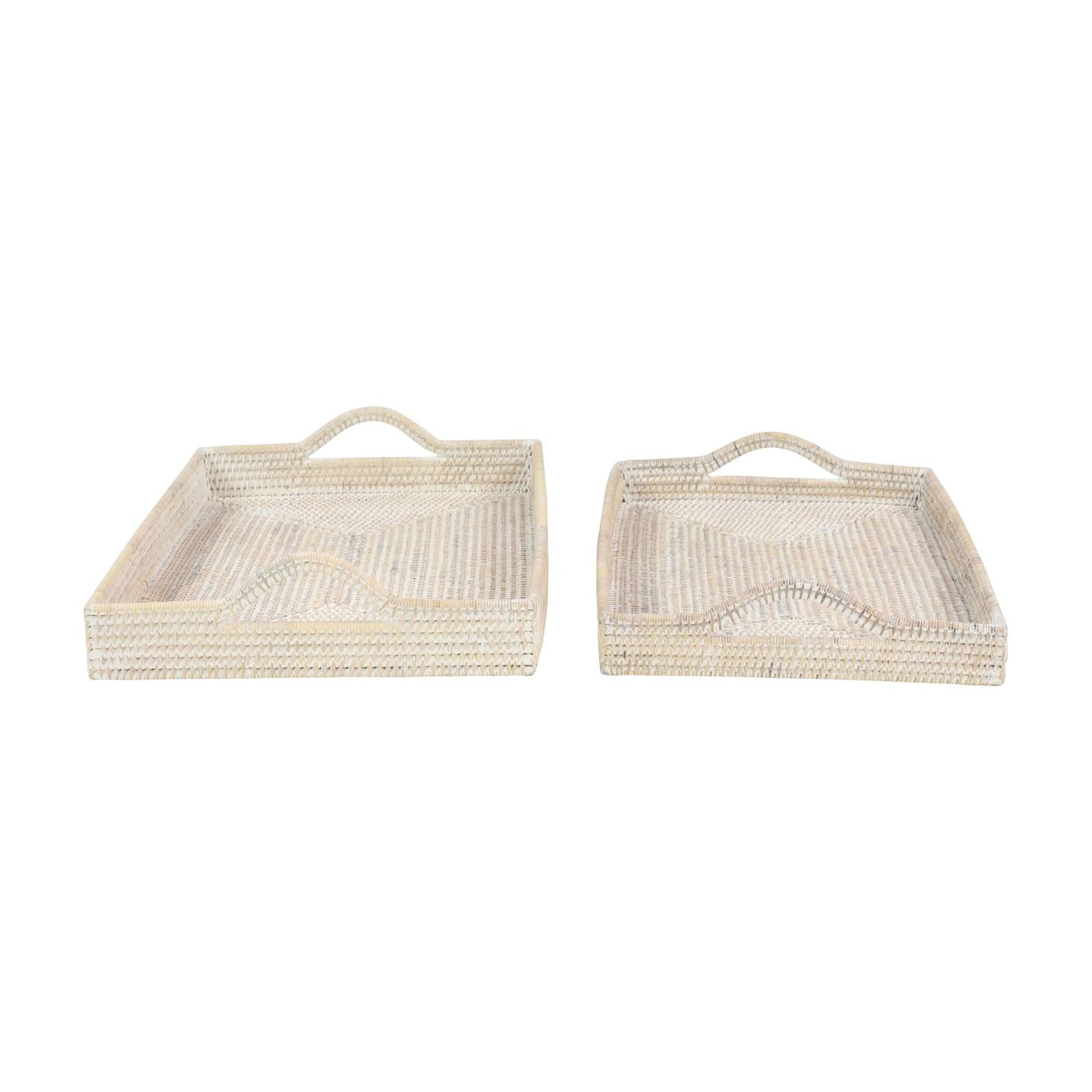 DecMode 26", 23"W Cream Rattan Large Rectangular Woven Tray, 2-Pieces