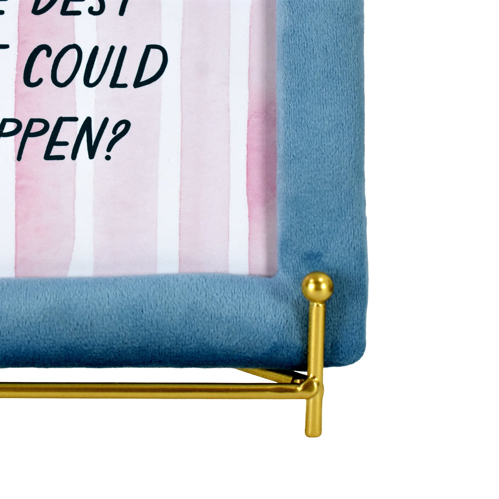 Beautiful "What's The Best That Could Happen?" Motivational Quote Velvet Blue Picture Frame on Gold Metal Easel – Square 7x7 Tabletop Inspirational Decor for Desk, Bedroom, Living Room