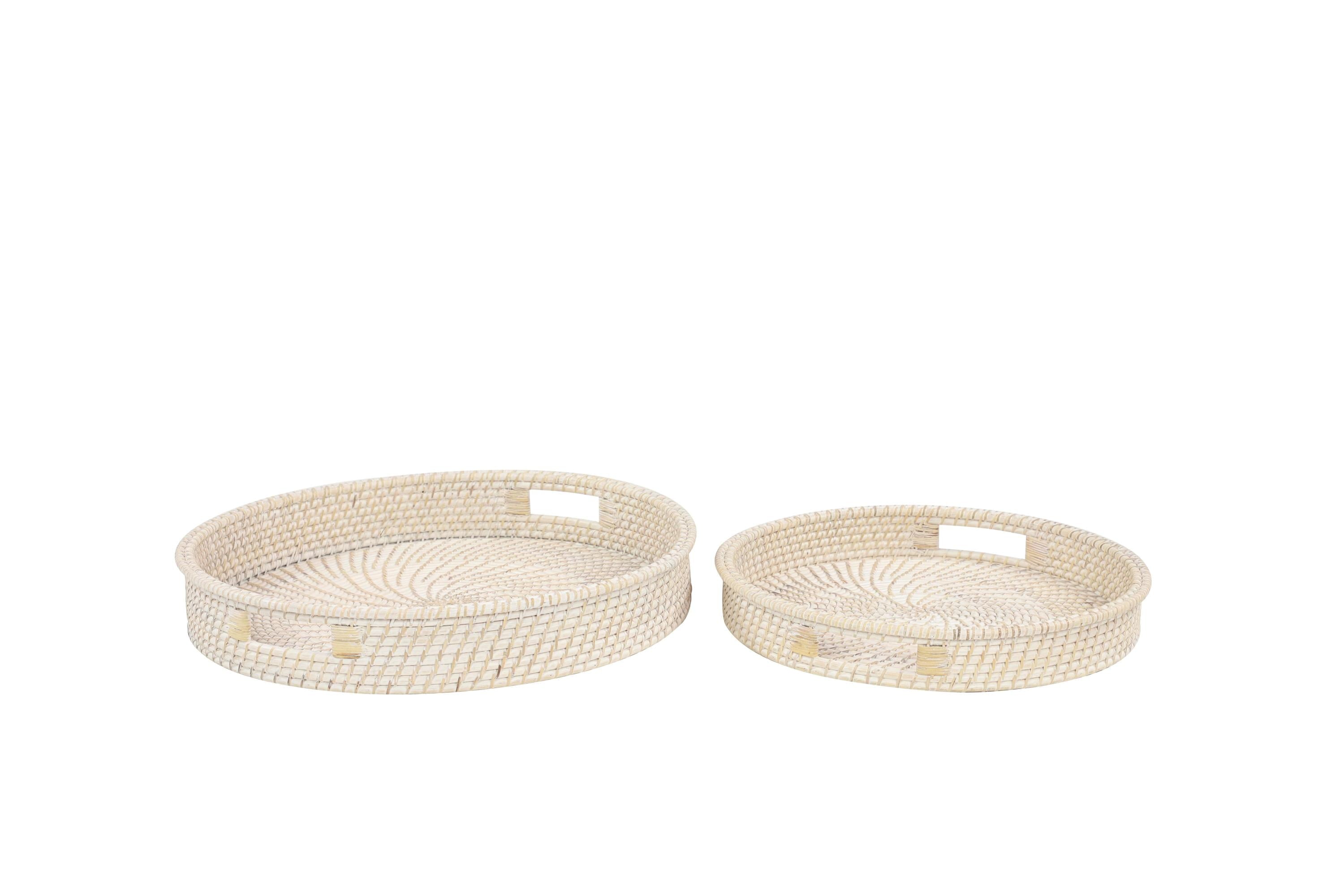 DecMode 26", 23"W Cream Rattan Large Rectangular Woven Tray, 2-Pieces