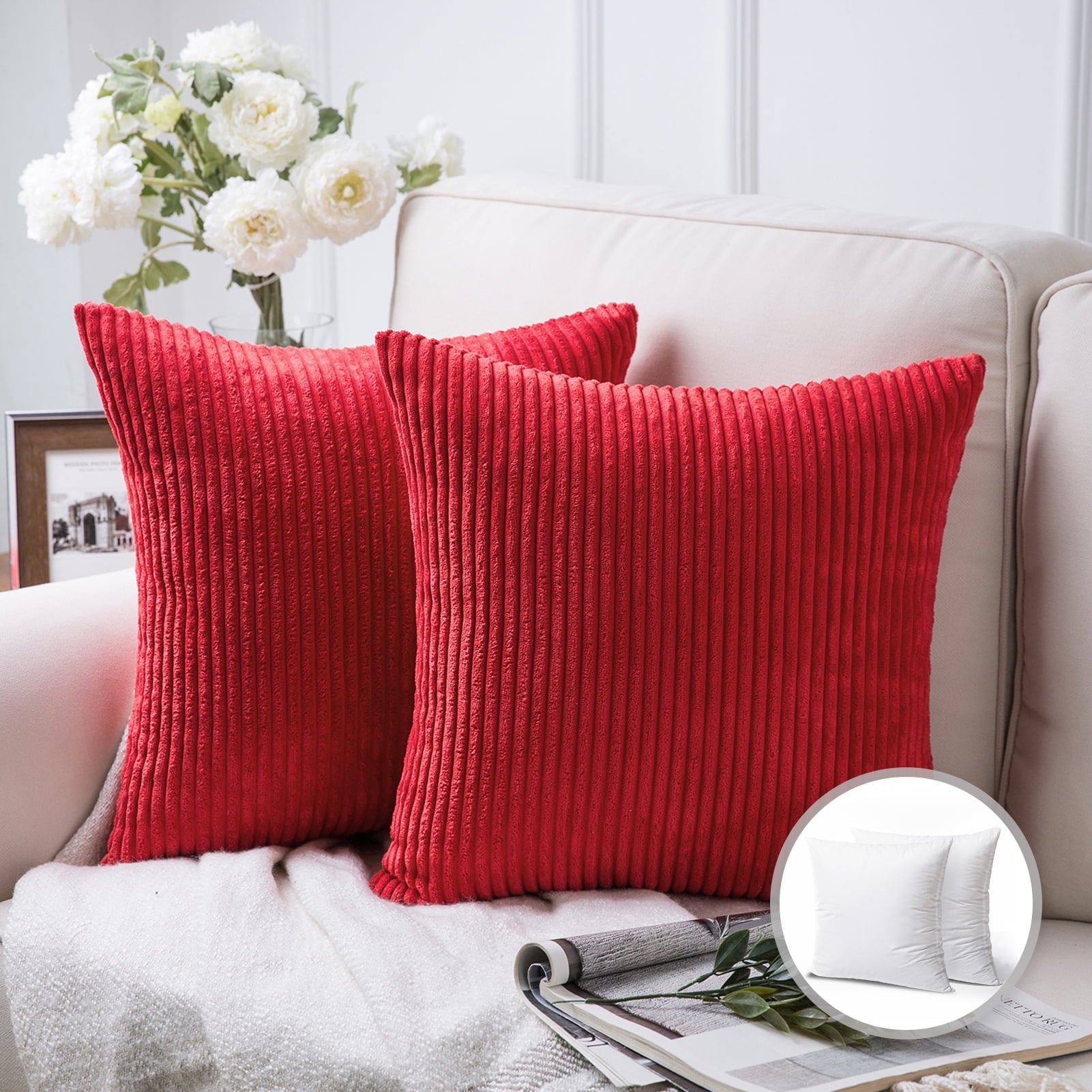 Phantoscope Soft Corduroy Striped Velvet Series Decorative Throw Pillow, 18" x 18", Soft Orange, 2 Pack