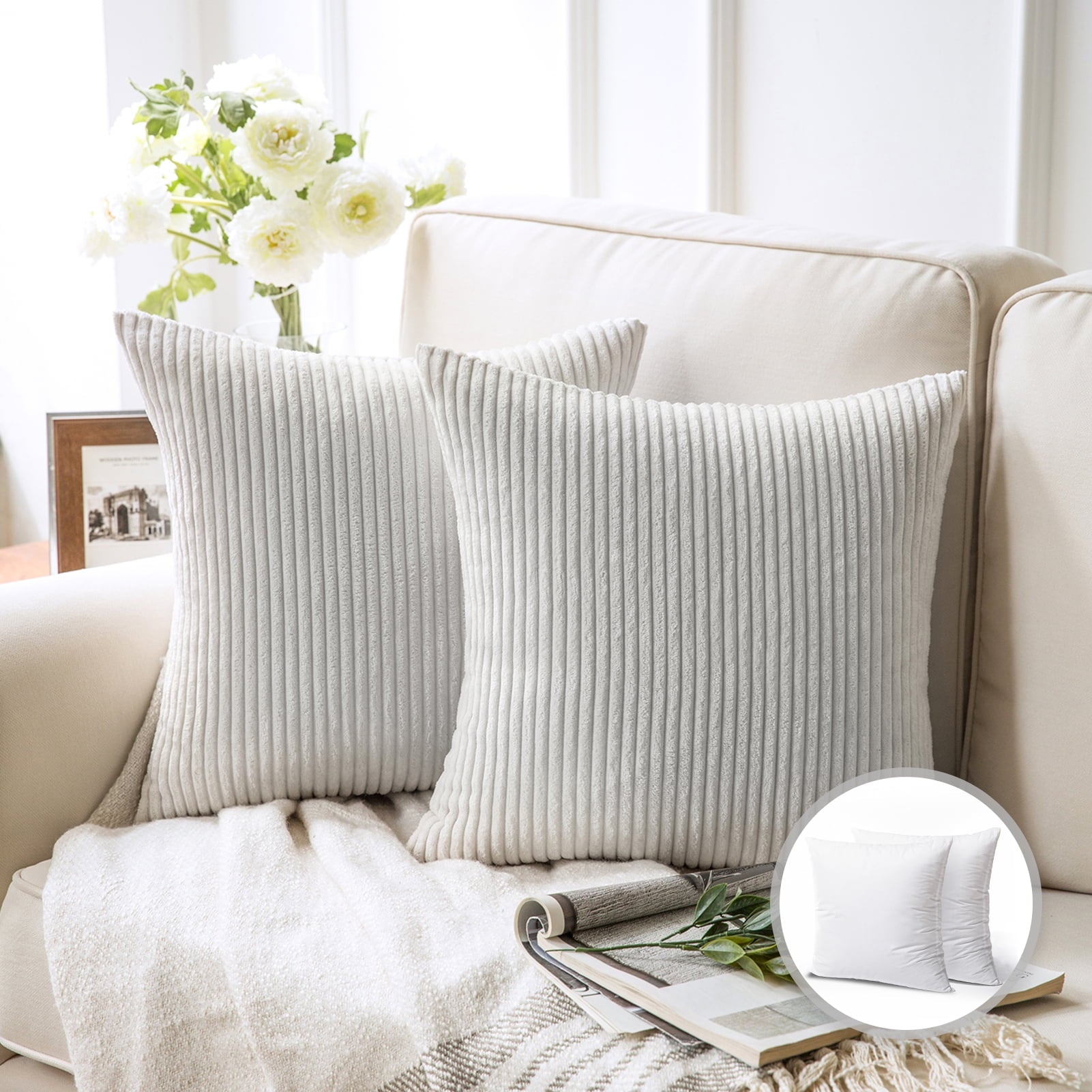 Phantoscope Soft Corduroy Striped Velvet Series Decorative Throw Pillow, 18" x 18", Soft Orange, 2 Pack