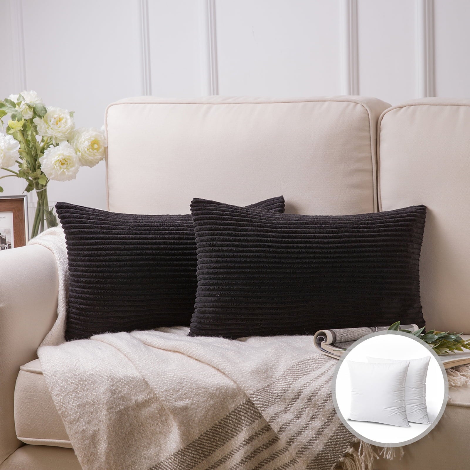 Phantoscope Soft Corduroy Striped Velvet Series Decorative Throw Pillow, 18" x 18", Soft Orange, 2 Pack