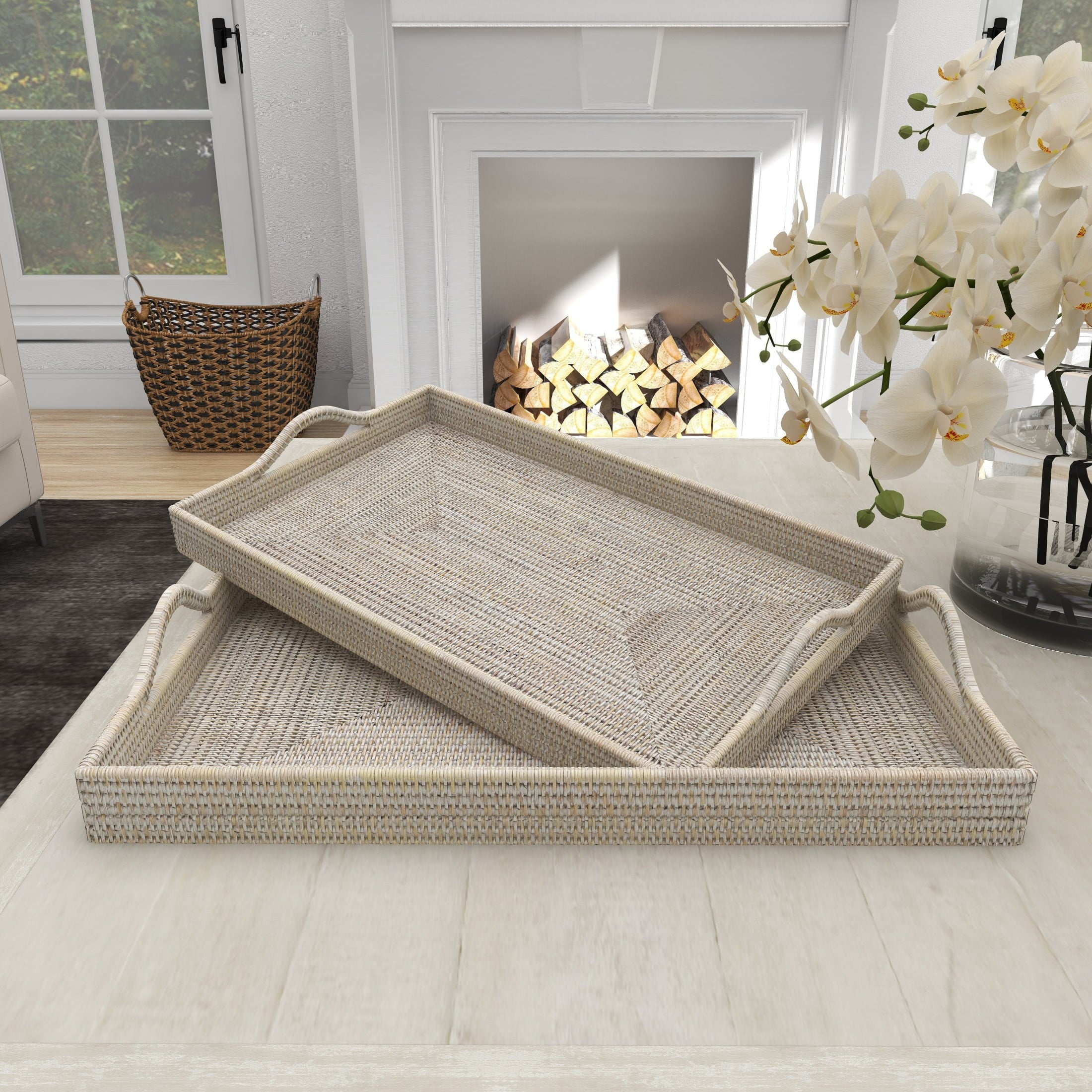 DecMode 26", 23"W Cream Rattan Large Rectangular Woven Tray, 2-Pieces