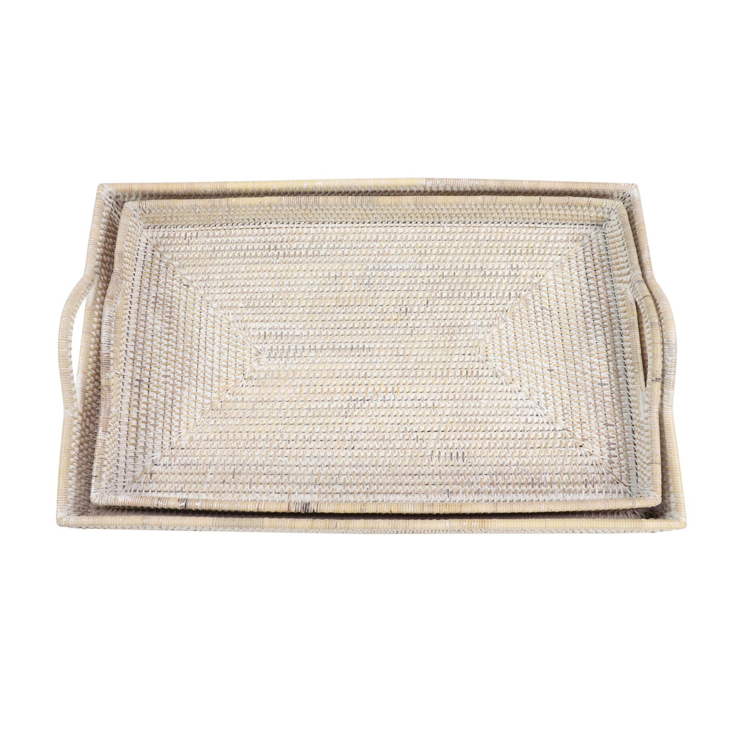 DecMode 26", 23"W Cream Rattan Large Rectangular Woven Tray, 2-Pieces