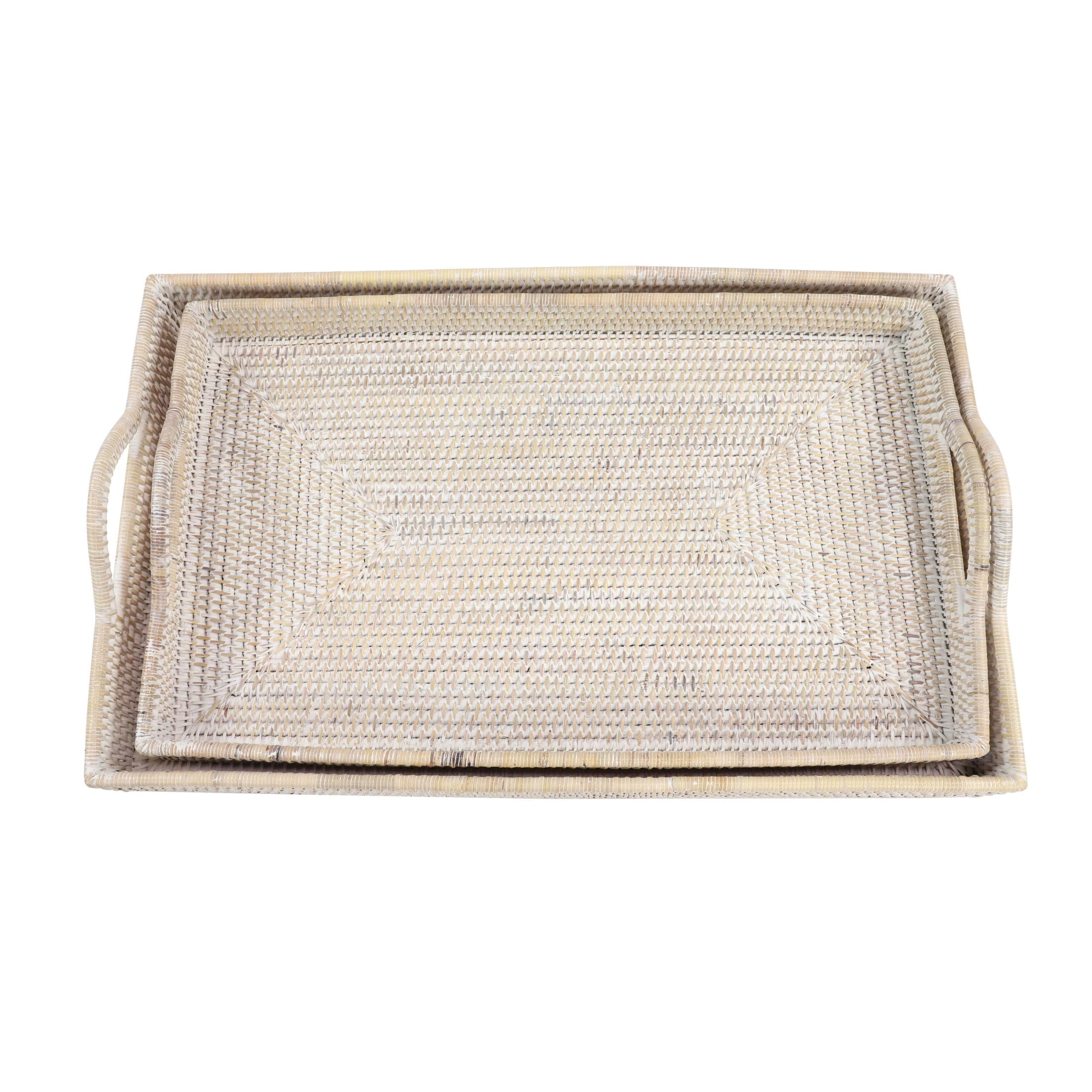 DecMode 26", 23"W Cream Rattan Large Rectangular Woven Tray, 2-Pieces