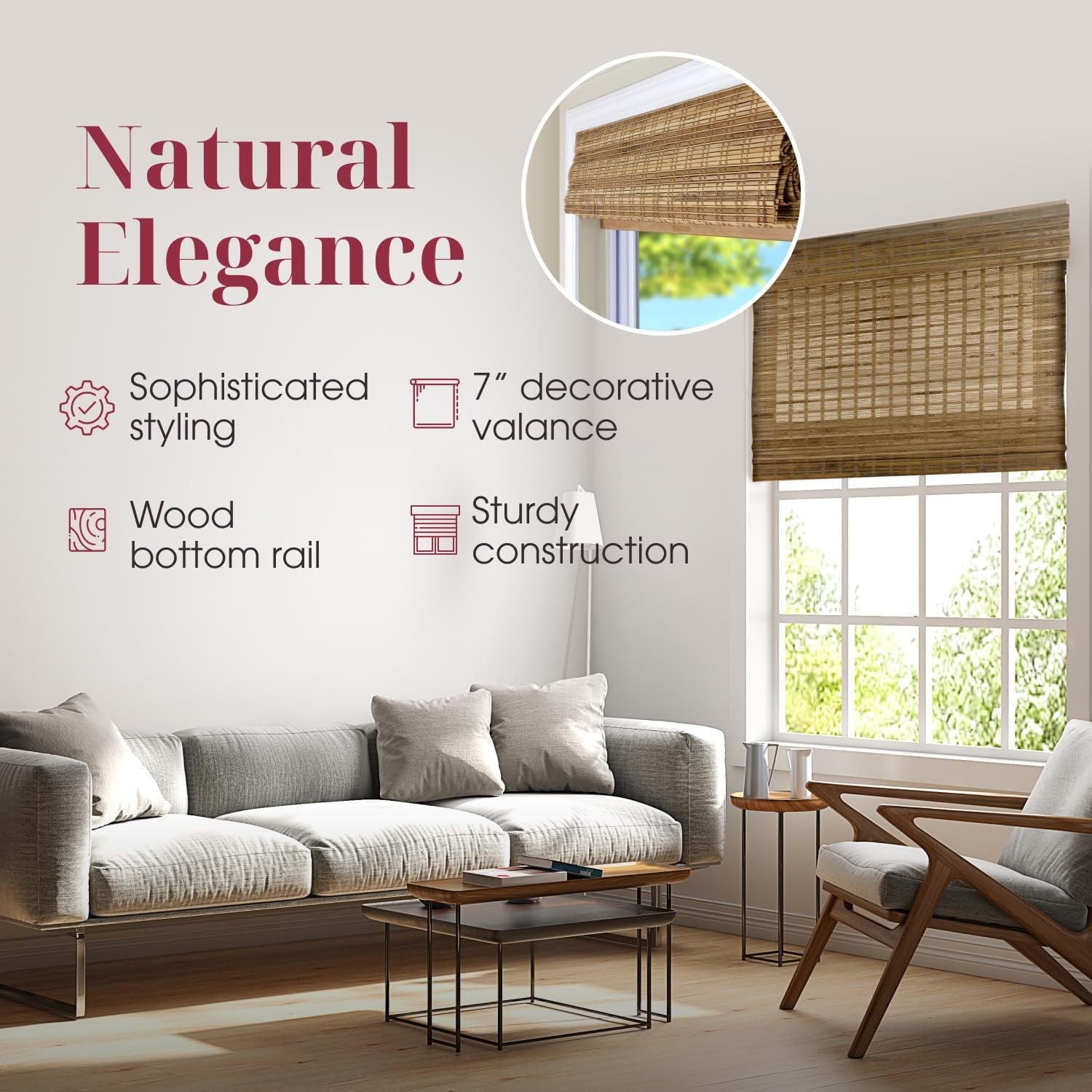 ARLO BLINDS Sheer Bamboo Roman Shade with Valance - 20"W x 60"H - Dali Native