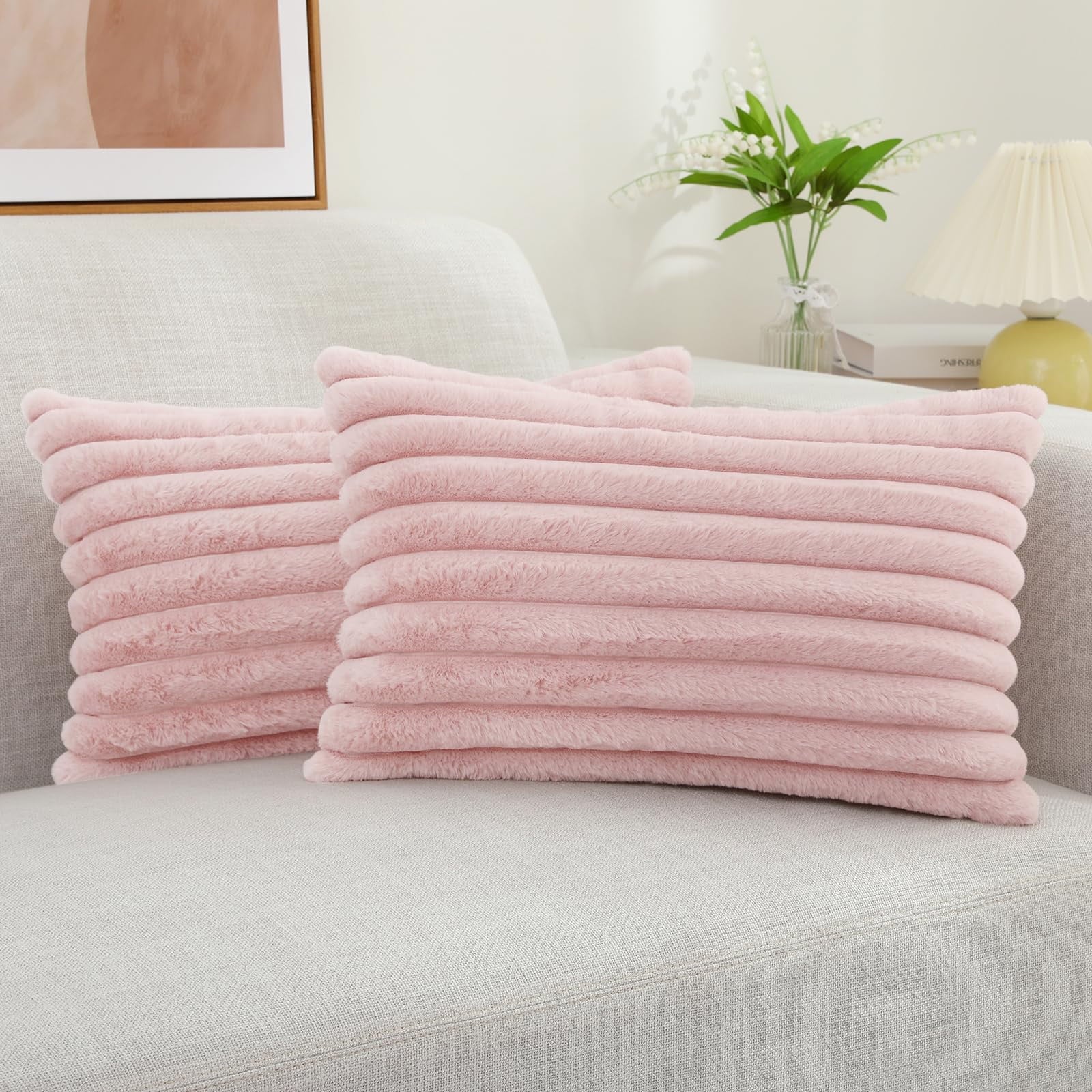 decorUhome Pack of 2 Faux Fur Plush Throw Pillow Covers 18x18, Soft Fluffy Striped Decorative Couch Pillow Covers , Cream White