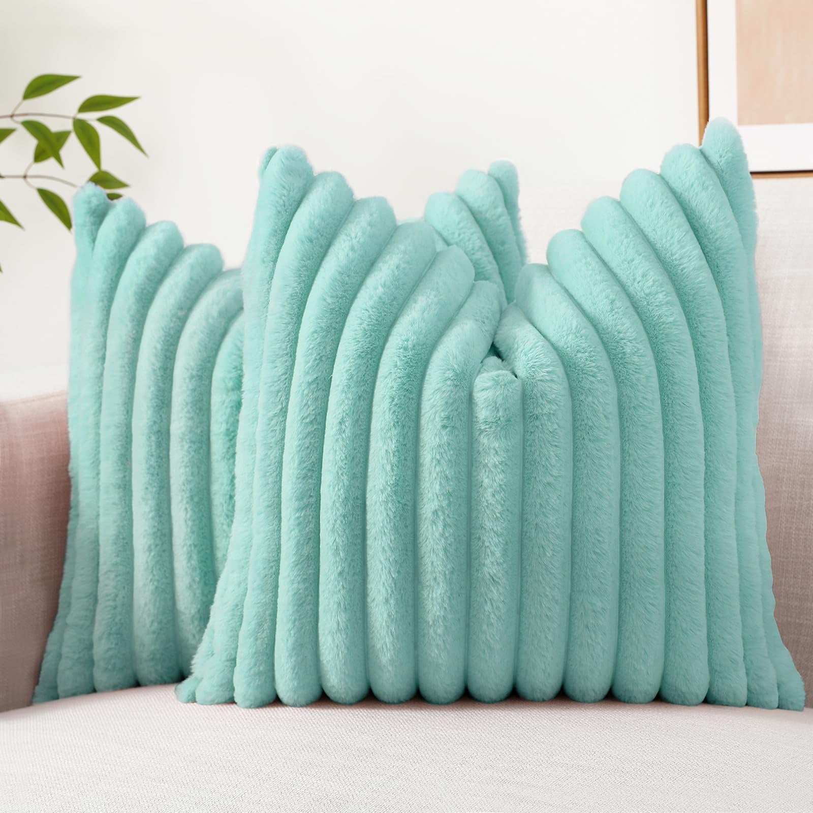 decorUhome Pack of 2 Faux Fur Plush Throw Pillow Covers 18x18, Soft Fluffy Striped Decorative Couch Pillow Covers , Cream White