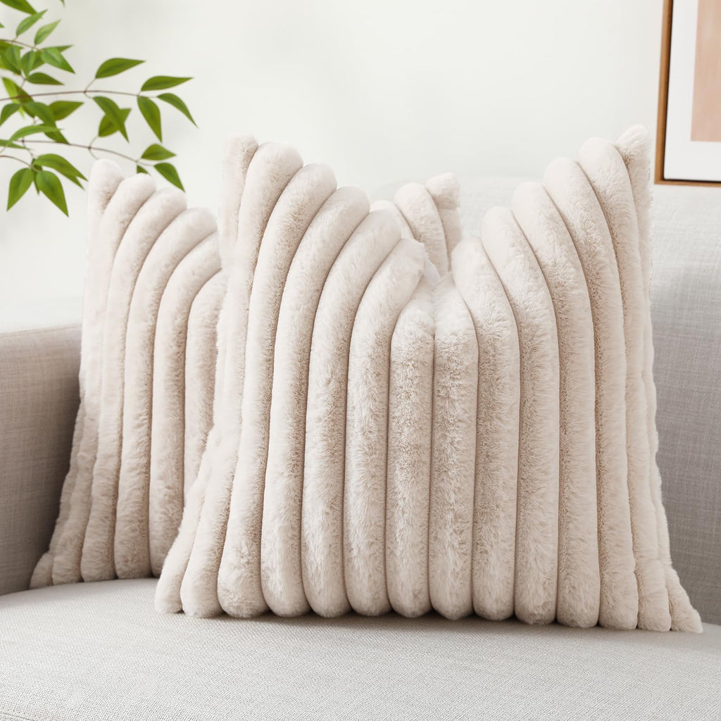 decorUhome Pack of 2 Faux Fur Plush Throw Pillow Covers 18x18, Soft Fluffy Striped Decorative Couch Pillow Covers , Cream White
