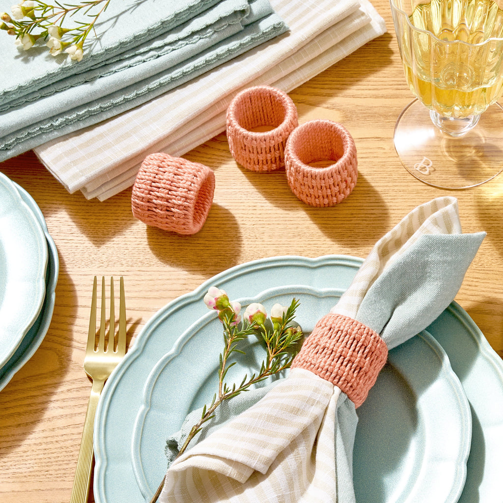 Beautiful Dining Braided Napkin Ring Set 100% Rayon with a Plastic Inner, Coral, 4 Pack