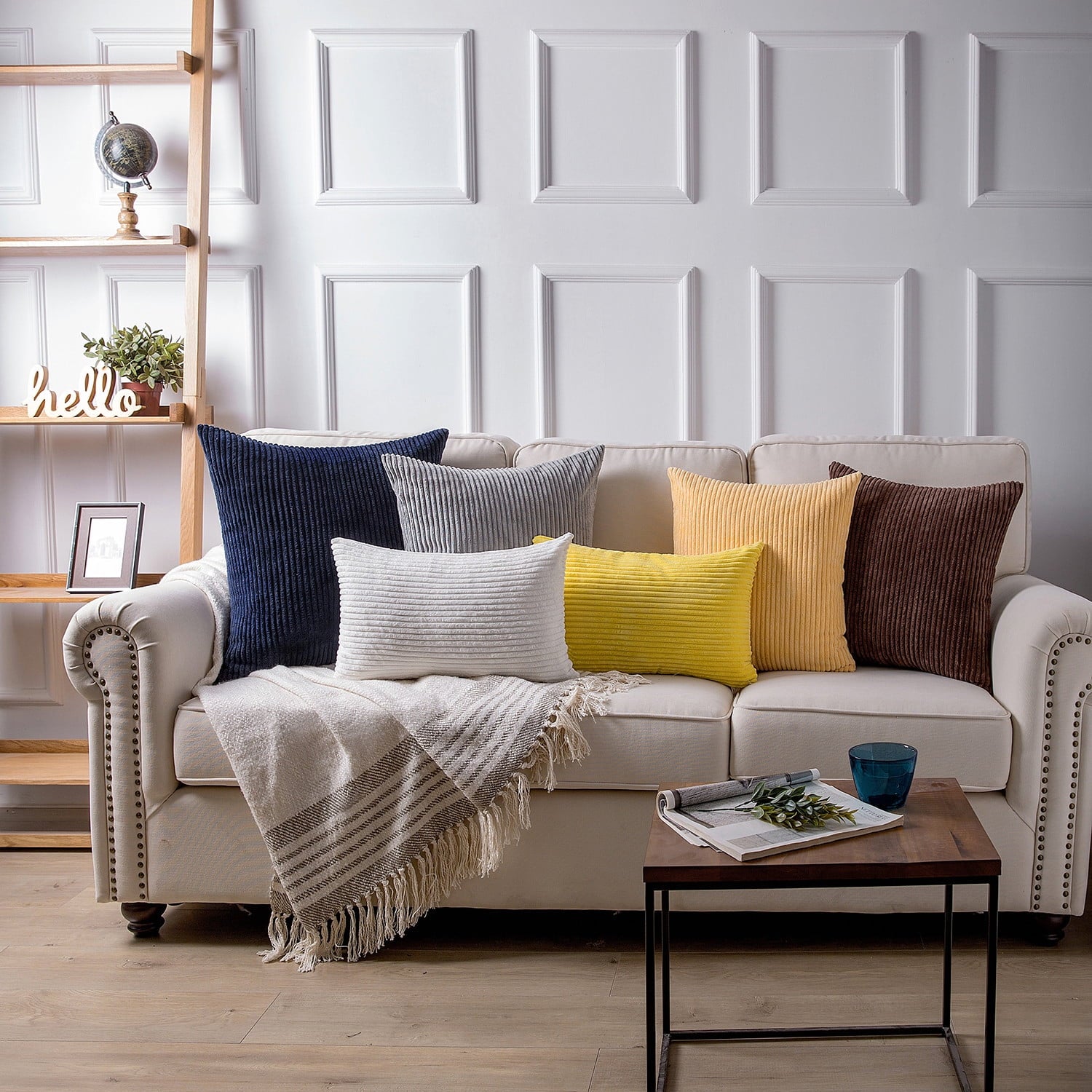 Phantoscope Soft Corduroy Striped Velvet Series Decorative Throw Pillow, 18" x 18", Soft Orange, 2 Pack